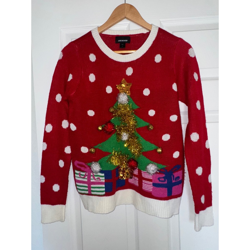 Joe Boxer Christmas Tree Ugly Sweater Red Polka Dot Tinsel Bells Medium